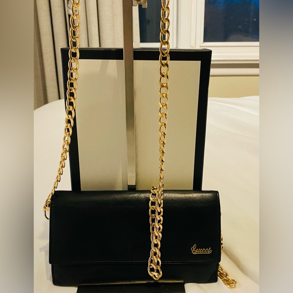 Gucci Black Leather Crossbody with Gold Chain Strap and Script Logo
